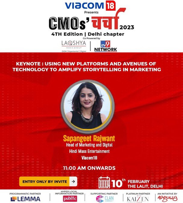 Just a few hours away from 
@Viacom18 presents 
CMO CHARCHA 2023

Catch @Sapangeet delivering a keynote at CMOs’ Charcha 2023