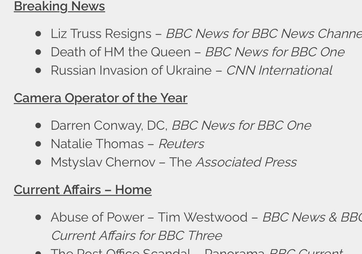 Massive congratulations to @NatalieReuters of @Reuters UK TV team - nominee for @RTS_media camera operator of the year - in such illustrious company