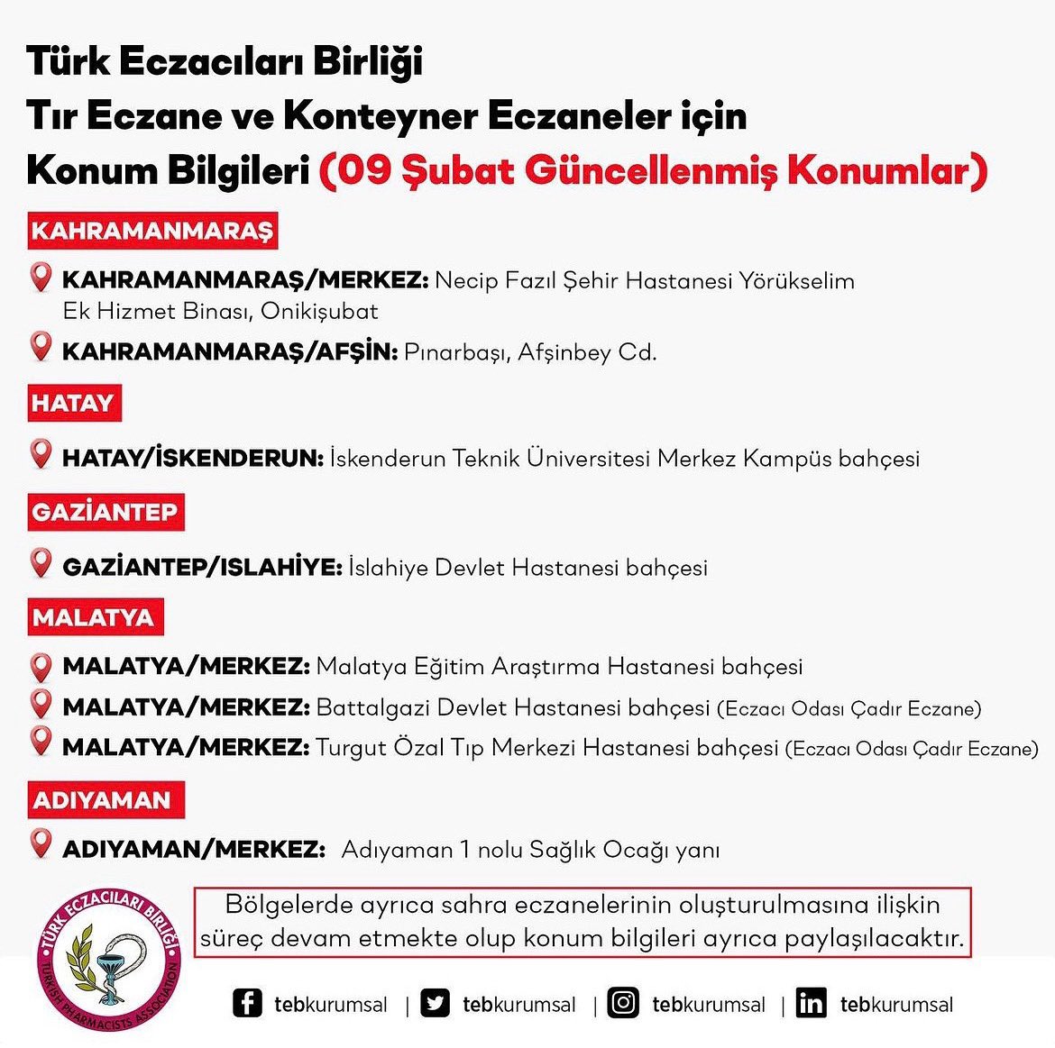 Deprem bölgesinde ilaç temin yerleri…
<a href="/tebkurumsal/">Türk Eczacıları Birliği</a>