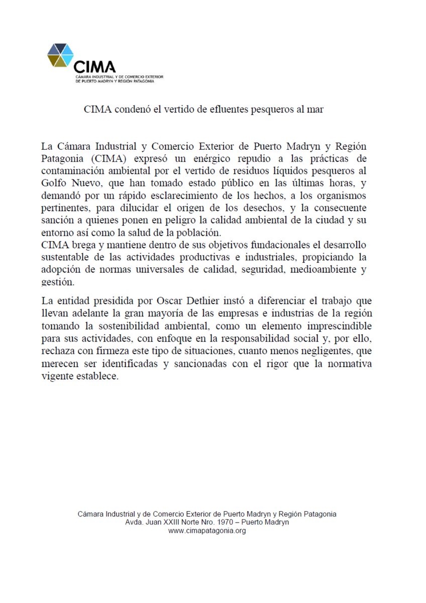👎📢𝗖𝗜𝗠𝗔 𝗰𝗼𝗻𝗱𝗲𝗻𝗼́ 𝗲𝗹 𝘃𝗲𝗿𝘁𝗶𝗱𝗼 𝗱𝗲 𝗲𝗳𝗹𝘂𝗲𝗻𝘁𝗲𝘀 𝗽𝗲𝘀𝗾𝘂𝗲𝗿𝗼𝘀 𝗮𝗹 𝗺𝗮𝗿
La Cámara expresó un enérgico repudio a las prácticas de contaminación ambiental por el vertido de residuos líquidos pesqueros al Golfo Nuevo.