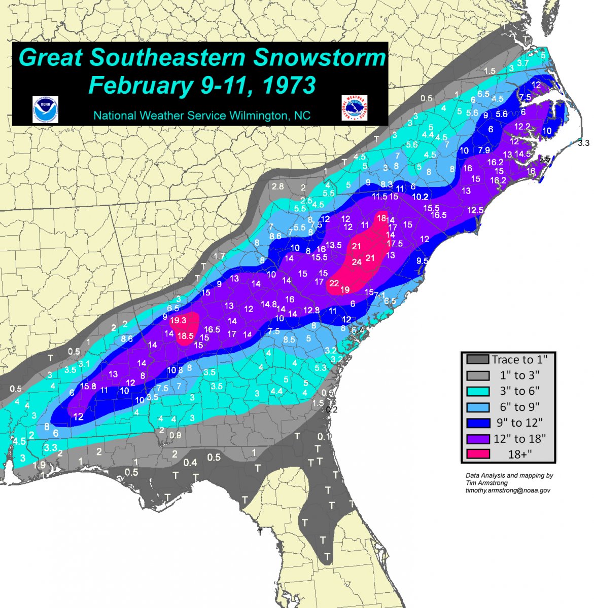 NWSWPC's tweet photo. Today, February 9th, marks the 50th anniversary of "The Great Southeastern Snowstorm" of 1973. One to two feet of snow fell from southeast Alabama to eastern North Carolina. More information is available from our colleagues @NWSWilmingtonNC: https://t.co/BHUkxte3F7 https://t.co/jcawDY9Jil