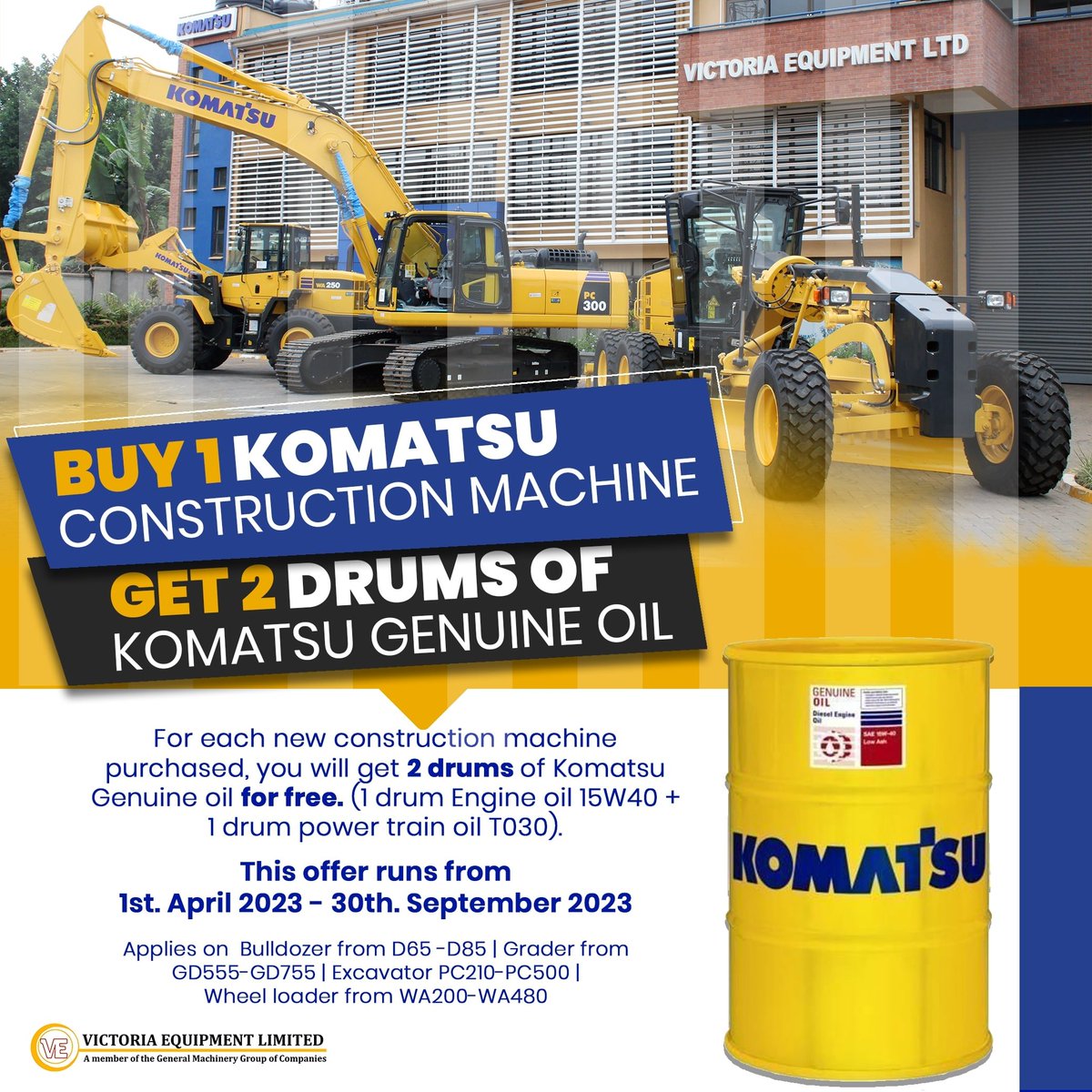 VictoriaEquipm1's tweet photo. π©FLASH NEWSπ©
Buy 1 Equipment, Get 2 free drums of Komatsu Genuine oil. π
#ProudToPerform #Komatsuway #15W40 #TO30 https://t.co/0yO8eAoKAS