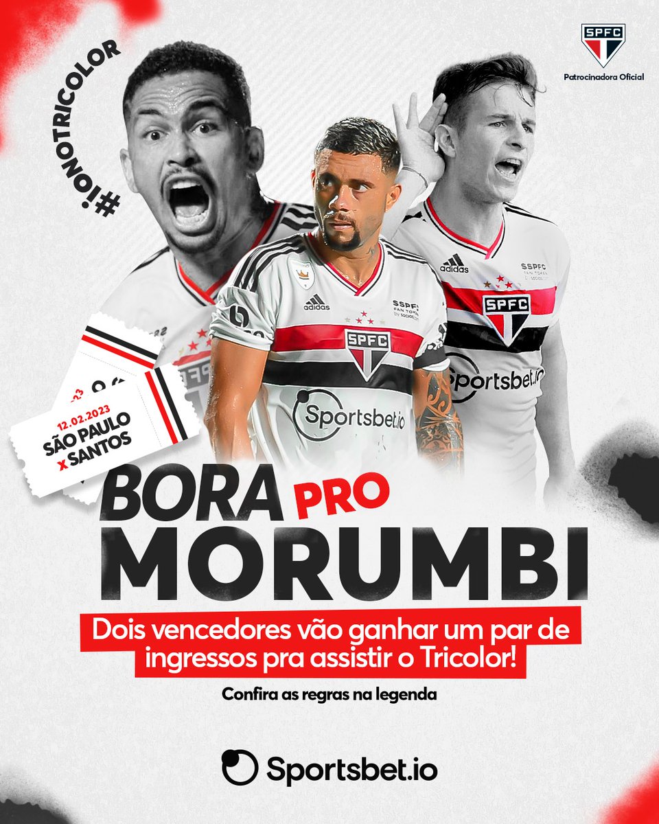 sportsbetiobr's tweet image. Bora pro Morumbi? 🏟️

A  @sportsbetiobr vai presentear um seguidor com um par de ingressos para o Clássico no Morumbi no domingo! 🇾🇪🇾🇪

Confira as regras e não deixe de participar ⤵️⤵️⤵️

1️⃣Seguir 
@sportsbetiobr
 
2️⃣ Dar RT nesse tweet

O resultado a gente divulga amanhã