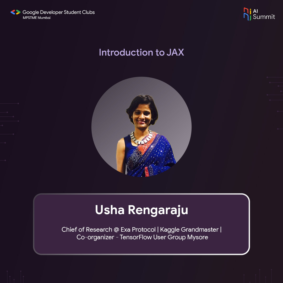GDGoC_MPSTME's tweet photo. 🔥Get ready for some AI action!🤖

Introducing @URengaraju, Chief of Research at @ExaProtocol &amp; Co-Organizer of @GDGMysore, as a speaker at the #GDSC MPSTME AI Summit! 

🎤 She'll be sharing insights on "Introduction to JAX" and we're sure you're not gonna want to miss it! https://t.co/ZxQV75Z6HV