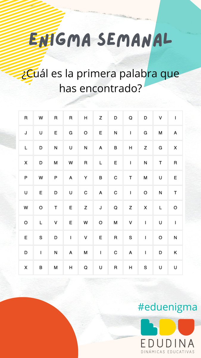 edudinabox's tweet photo. ¡Es jueves y toca enigma semanal!

Vamos por el 3º #reto con esta #sopadeletras.

¿Cúal es la primera palabra que habéis encontrado?

#eduenigma #reto #semanal #enigma https://t.co/GLUV9wbwbr