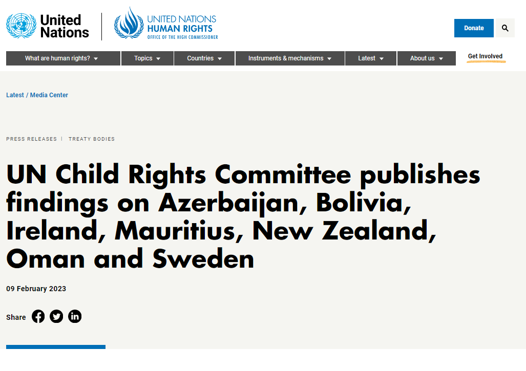 ChildRightsCnct's tweet photo. 📢The Concluding Observations adopted by the Committee on the Rights of the Child @UNChildRights1 for #Azerbaijan, #Bolivia, #Ireland, #Mauritius, #NewZealand, #Oman and #Sweden are out!
You can find them here: https://t.co/NtgCcxhCRx #CRC #CRC92 #childrights https://t.co/OUExoT5aB7
