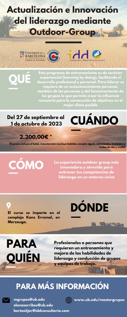 Nueva Edición del Curso Actualización e Innovación del Liderazgo mediante Outdoor-Group Experience.  Oportunidad para entrenar competencias de liderazgo en un entorno único: el desierto. Curso 100% experiencial <a href="/MasterGrupos/">Máster Grupos</a> <a href="/IDDconsultoria/">IDD Consultoría</a> <a href="/PalacinMaria/">Maria Palacin Lois</a> @SorribesElena