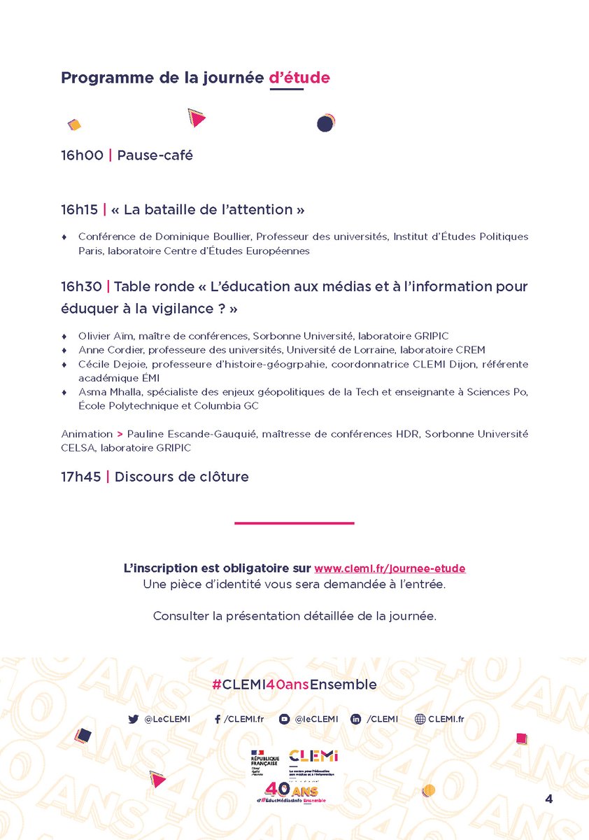 CLEMI (@leclemi) on Twitter photo À l’occasion de son 40e anniversaire #CLEMI40ansEnsemble, le #CLEMI organise une journée d’étude "L’éducation aux médias et à l’information sur tous les fronts" avec des chercheurs et acteurs de l'éducation le 3 avril à <a href="/Sorbonne_Univ_/">Sorbonne Université</a>.
Inscription➡️clemi.fr/fr/journee-etu… À l’occasion de son 40e anniversaire #CLEMI40ansEnsemble, le #CLEMI organise une journée d’étude "L’éducation aux médias et à l’information sur tous les fronts" avec des chercheurs et acteurs de l'éducation le 3 avril à <a href="/Sorbonne_Univ_/">Sorbonne Université</a>.
Inscription➡️clemi.fr/fr/journee-etu…