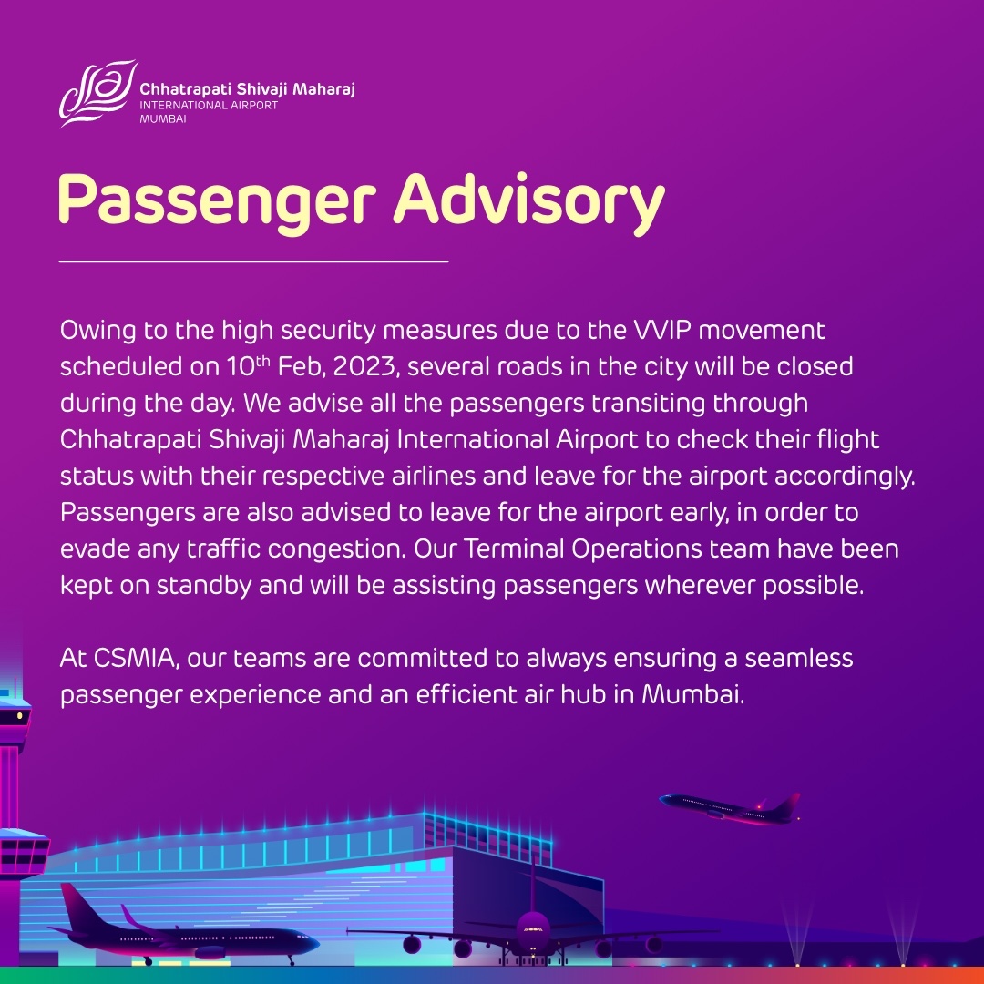 CSMIA On Twitter Due To The VVIP Movement Scheduled On 10th Feb 2023 csmia-on-twitter-due-to-the-vvip-movement-scheduled-on-10th-feb-2023