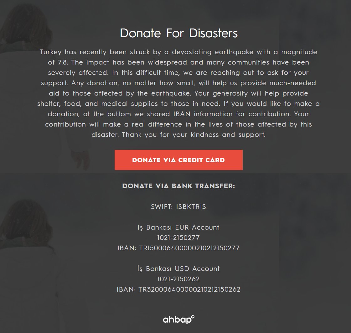 vibrantscene's tweet photo. Turkey has recently been struck by a devastating earthquake with a magnitude of 7.8. Any donation will help us provide much-needed aid to those affected by the earthquake. I made my donation, asking for your help too 🙏

Donate: https://t.co/bGMy5EOdkt 

#earthquakeinturkey https://t.co/SIXTCBu5PA