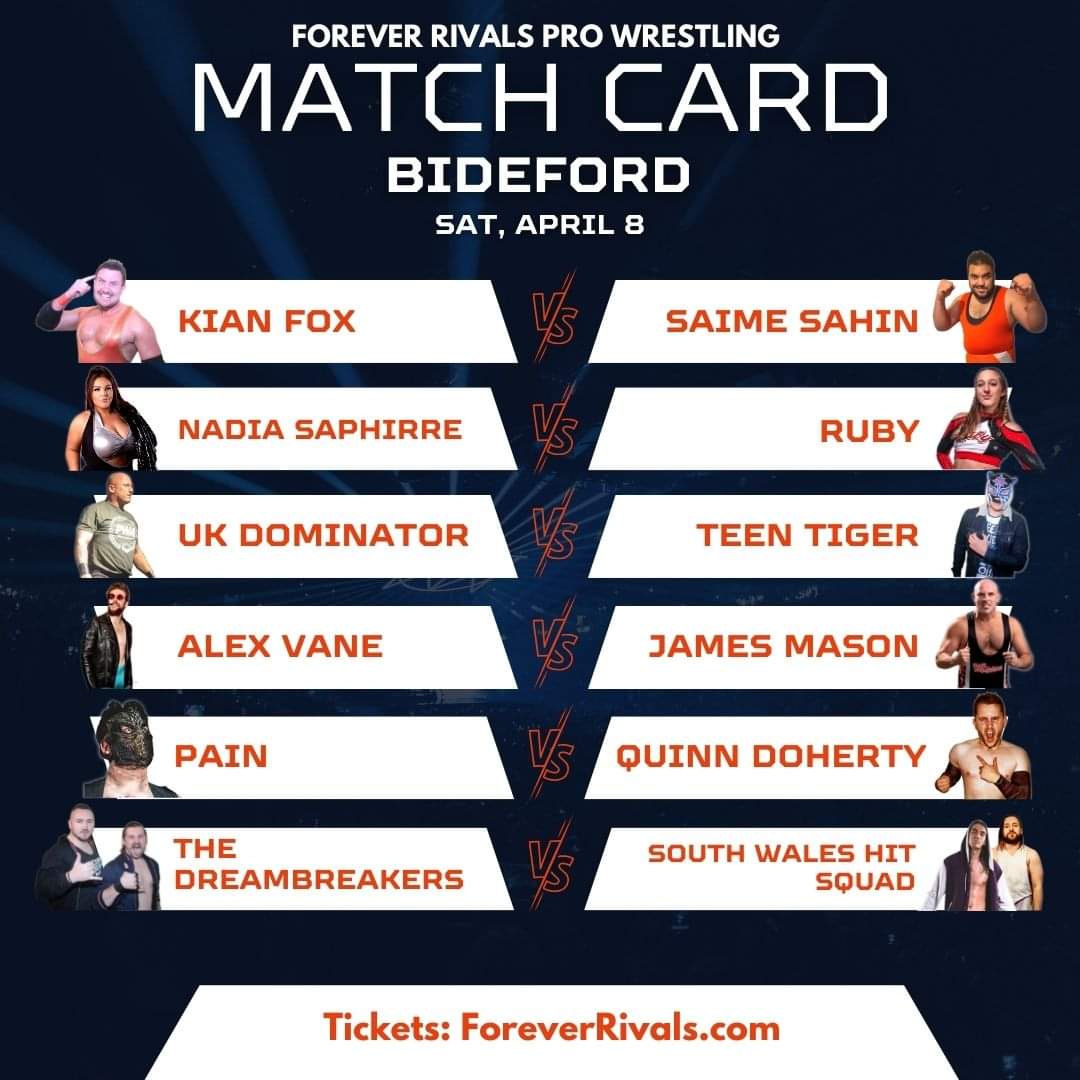 rivals_pro's tweet photo. Join us live in Bideford, April 8 for this fantastic pro wrestling event.
.
Who do you predict to win each match?
.
Let us know in the comments.
.
.
.
#wwe #event #fun #match #contest #fight #Wrestling #matches #bideford 

@nadia_sapphire @Ukjamesmason @Glenasawrus @SlyT_KianFox https://t.co/Gr9gwi72st
