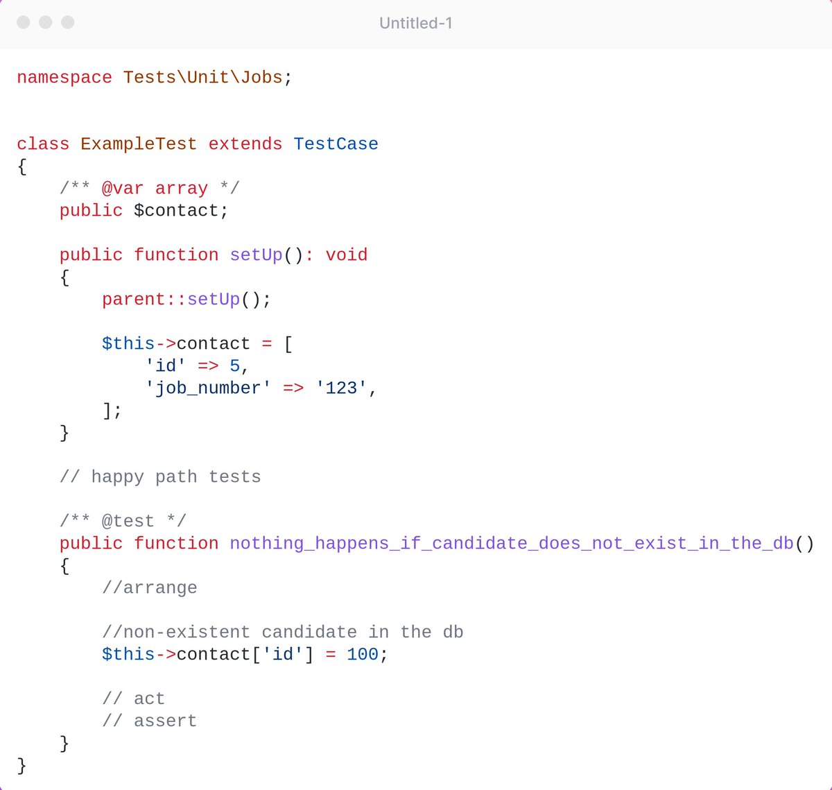 jcergolj's tweet image. Have you tried streamlining your #laravelphp testing game? 💡 I love organizing my #PHPUnit test properties in the setUp method! That way, I can quickly make changes to only what's necessary in the test method, keeping my tests as concise as possible. 🚀 #CodingTips