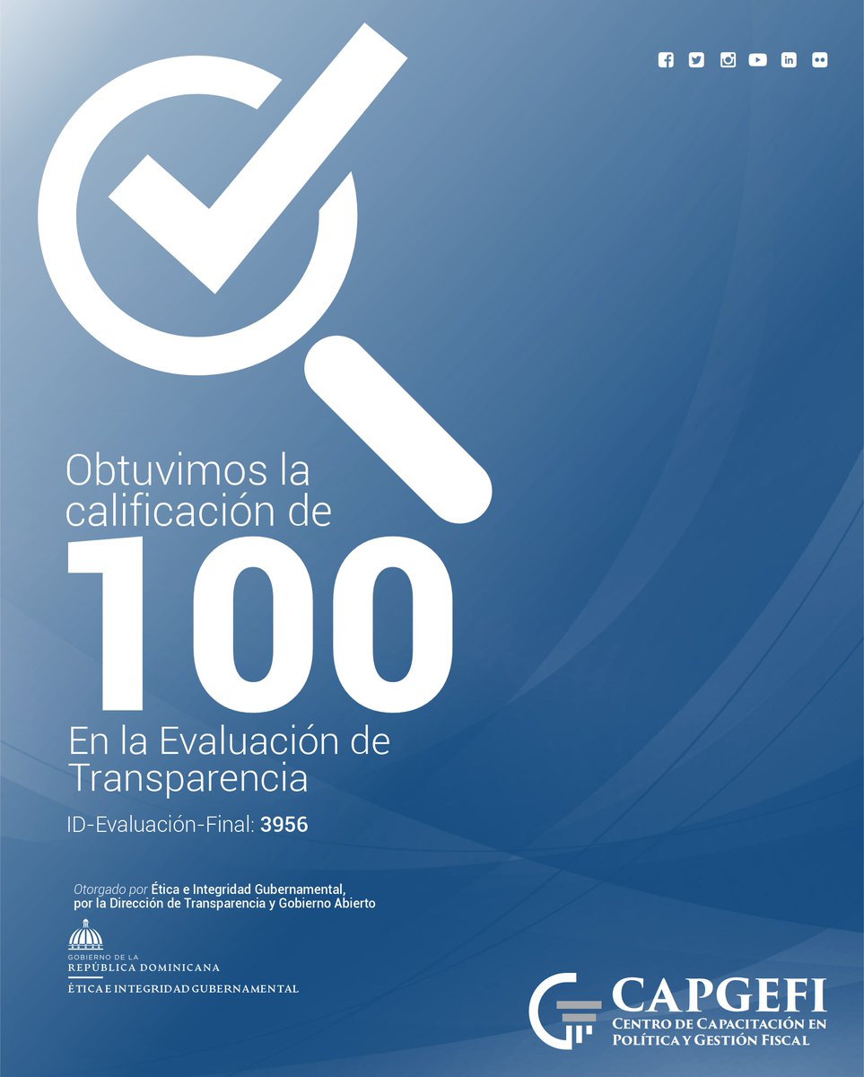 CAPGEFIRD's tweet photo. Nos sentimos orgullosos por haber alcanzado la más alta evaluación de nuestro sub-portal de transparencia. La @digeigrd nos ha otorgado el 100% en el mes de noviembre de 2022. Enhorabuena!
#Transparencia
#CAPGEFI https://t.co/jH5egMlhHc