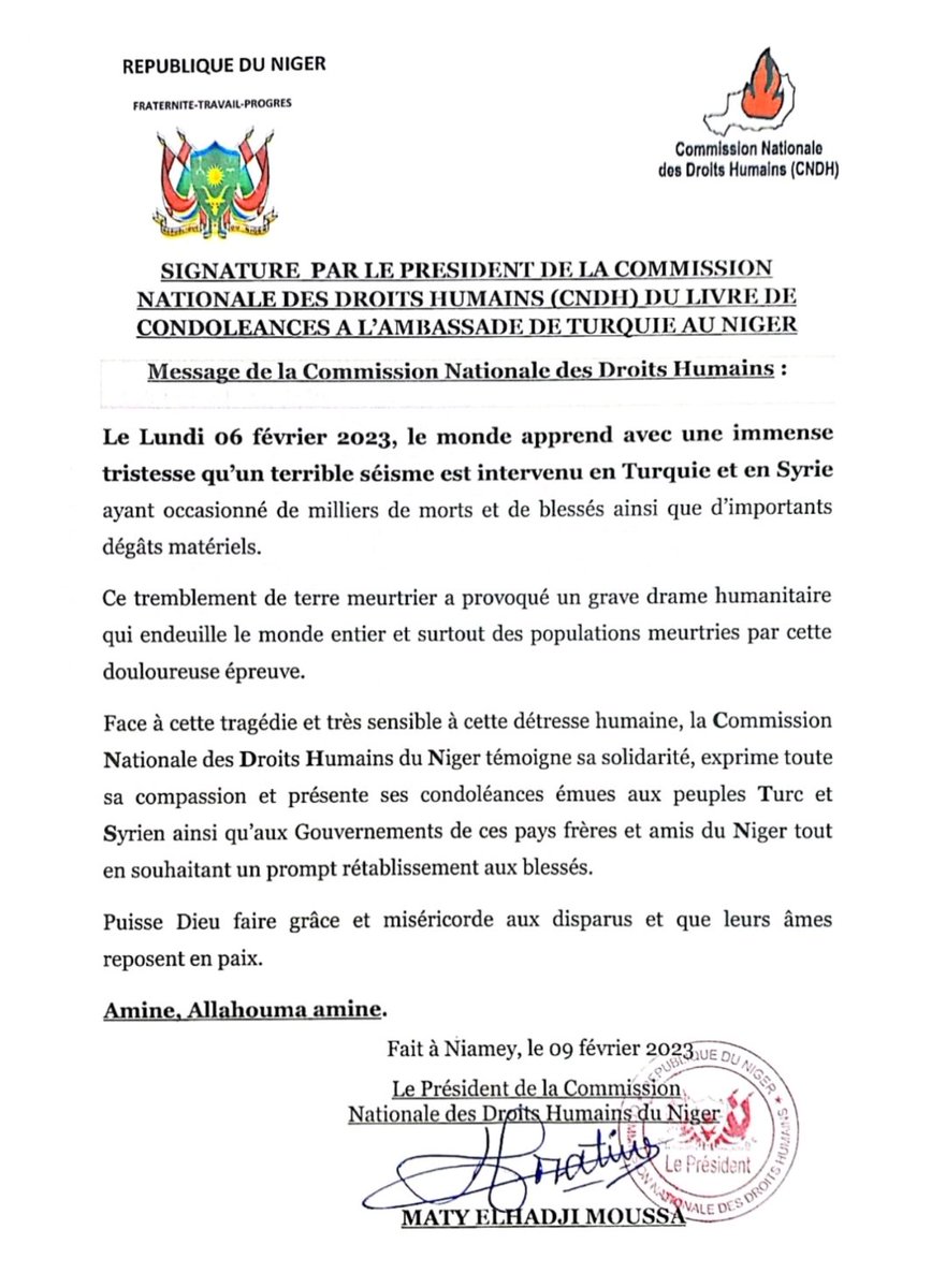 cndhniger's tweet photo. Le President de la CNDH s'est rendu ce jeudi 9 fevrier 2023 à l'Ambassade de Turquie au Niger .M.Maty Elhadji Mousa a signè sur le Livre de condolèances en presence de l'ambassadeur de Turquie. https://t.co/SaxzndS3XJ