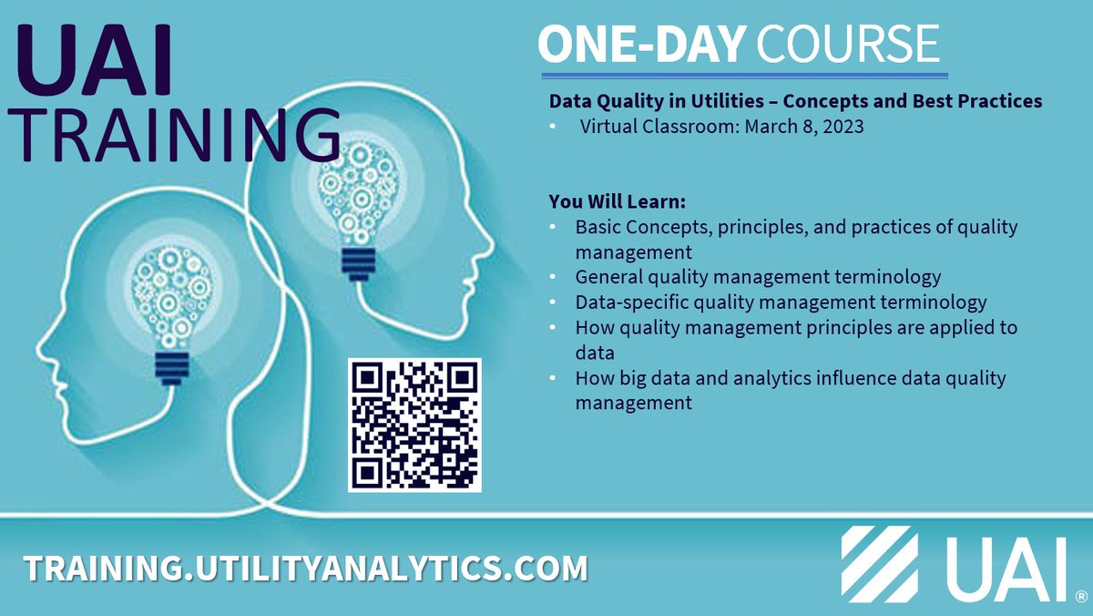 Join us for a NEW #UAI #training course on March 8, 2023! #DataQuality in #Utilities: Concepts and Best Practices Learn more and register by February 14 to get the early bird discount! bit.ly/3XhIZSv @EndeavorMedia #UtilityAnalytics #UtilityAnalyticsTraining