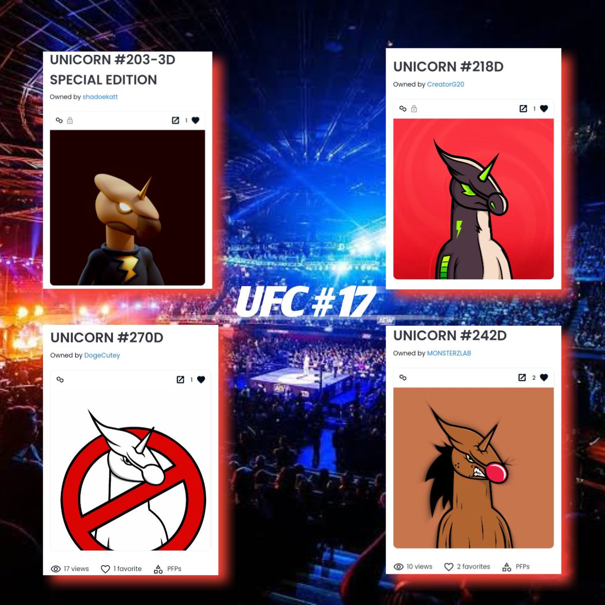 Unicorn_ID_NFT's tweet photo. 🦄🥊 UFC #17🥊🦄
(UNICORNID FIGHTING CHAMPIONSHIP)
Ring A
UNICORN :
#203-3DD by @shadoekatt
#218D by @CreatorG11
#270D by @DogeDestinyApp
#242D by @monsterzlab
End 18H
VOTE YOUR UNICORN 🦄 AND BE A CHAMPION 🏆
VOTE AT ⬇️👇 Comment below
#NFT #VERTICALNFT #NFTCommunity https://t.co/cZzmk3V0H8