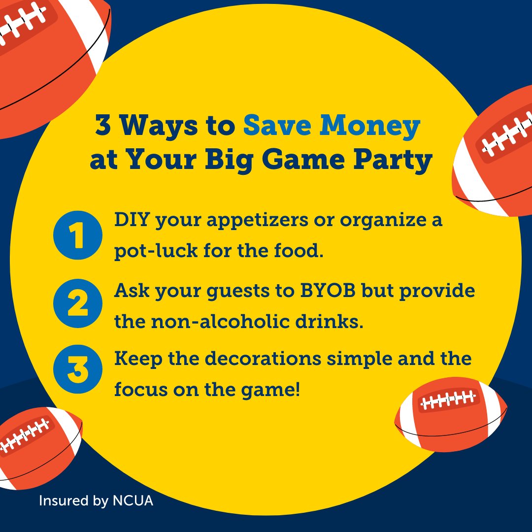 global_cu's tweet photo. You donβt have to spend a lot to have a great time when youβre cheering on your favorite team for the Big Game. π Here are some ways to stick to your budget and host a great party! π #football #budget #globalcu https://t.co/T5N10ztKLx