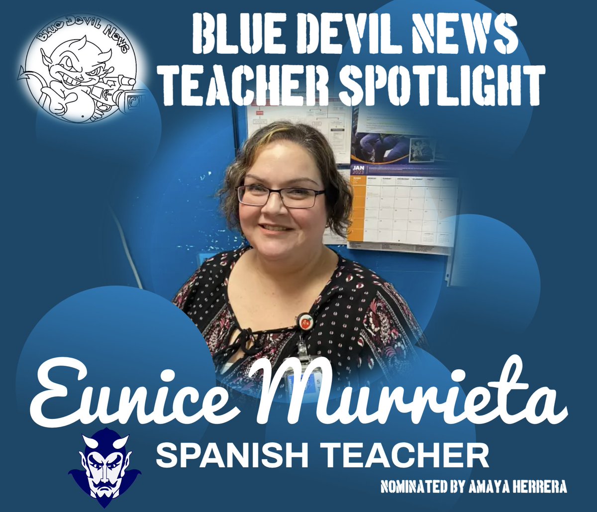 We're so excited for this week's Blue Devil News Teacher Spotlight: Sra. Eunice Murrieta. 

Sra. Murrieta is one of our awesome Spanish teachers. 

She teaches Spanish 1.

We are so lucky to have her at Sunnyside High School. It's a great day to be a Blue Devil!