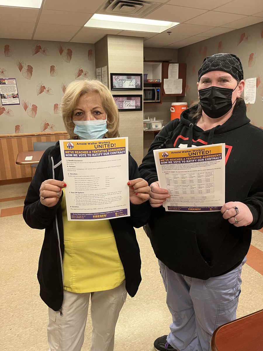 1199SEIU_NJ's tweet photo. Workers at Arnold Walter nursing home in Hazlet have unanimously ratified their contract! This strong contract includes retaining no-premium health insurance, increased employer contributions to the pension fund, wage hikes, and more! #solidarity #theuniondifference #UnionStrong https://t.co/5cvYbQxQqB