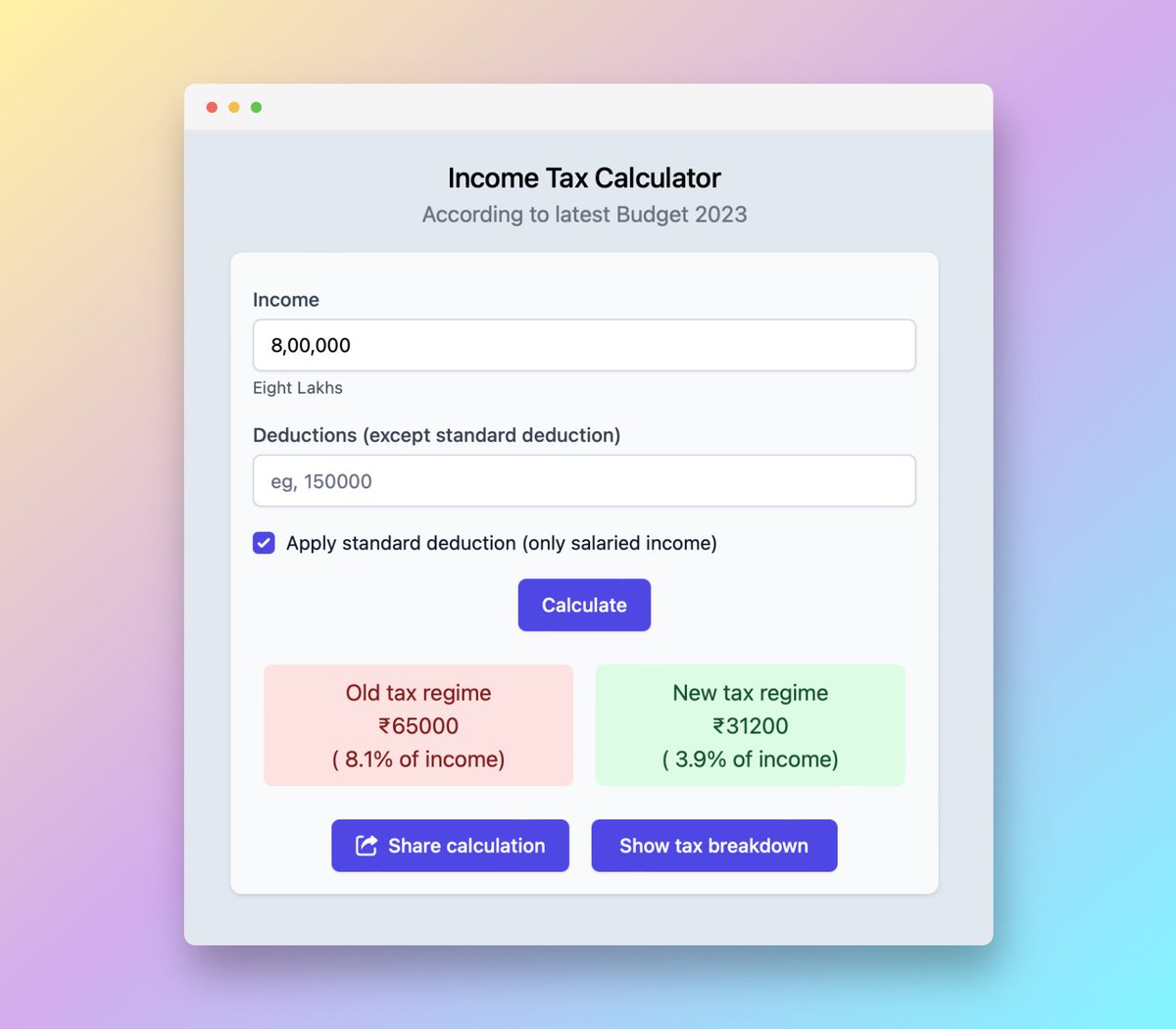 junedkhatri31's tweet image. Get a Clear Picture of Your Taxes with Our Latest Feature 💻 See What Percentage of Your Income Goes to Tax 🔍 Calculate Now at income-tax-calculator.in #IncomeTaxCalculator #TaxPercentage #IncomeAnalysis #ClearTaxPicture #SmartTaxPlanning #tax