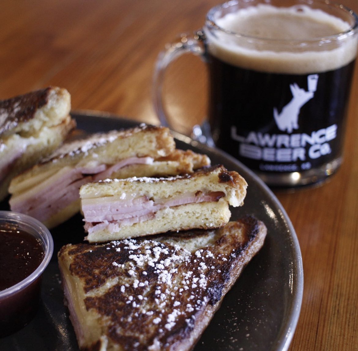 Monte Cristo Sandwich with Ham, Swiss, and a Strawberry-Jalapeño Jam for dipping. Top tier feature today here in East Lawrence.