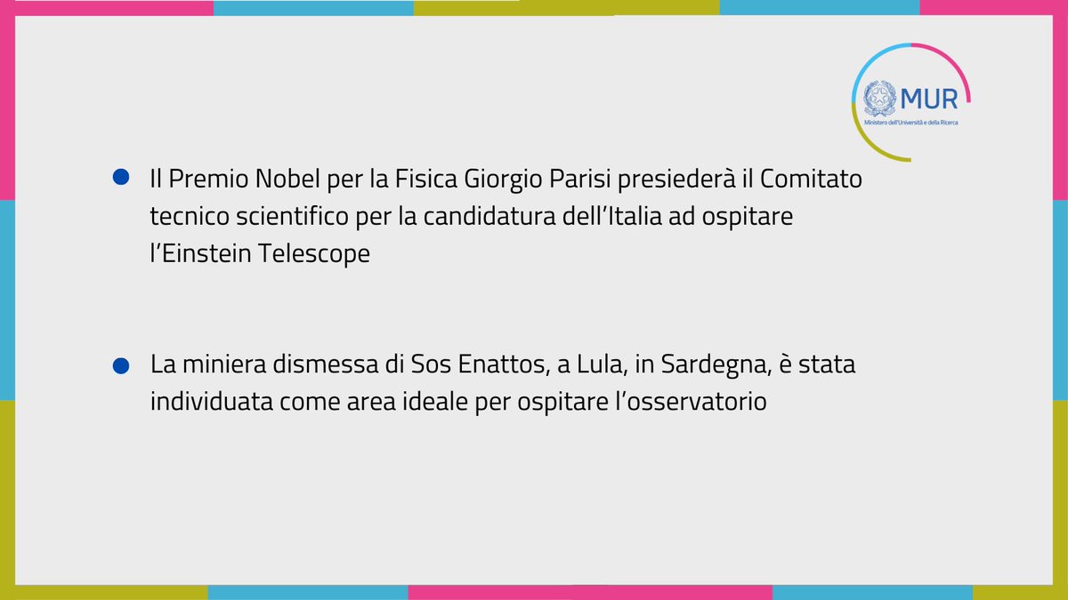 <a href="/BerniniAM/">Anna Maria Bernini 🇮🇹</a> <a href="/INFN_/">INFN</a> <a href="/ETinItalia/">Giovani per Einstein Telescope in Italia</a> <a href="/GSSI_LAQUILA/">GranSassoScienceInst</a> <a href="/ItalyMFA/">Farnesina 🇮🇹</a> “Vogliamo portare sempre più in alto la #ricerca 🇮🇹. Il coinvolgimento del Nobel Parisi, che ringrazio per aver accettato di presiedere il Comitato, ne è la riprova”, ha detto il Ministro <a href="/BerniniAM/">Anna Maria Bernini 🇮🇹</a>
