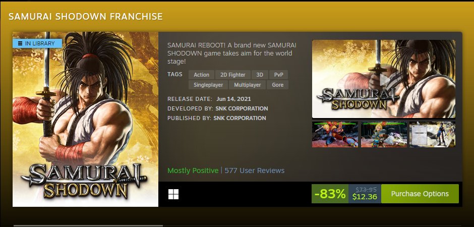 SAMURAI SHODOWN! 12 DOLLARS! ROLLBACK BETA >>TONIGHT<<! 

i don't think it comes with dlc but the rollback beta will have them all unlocked!

this is a CA-RAZY deal for samsho! GET IN EVERYONE! FAIR AND SQUARE YALL!

store.steampowered.com/app/1342260/SA…