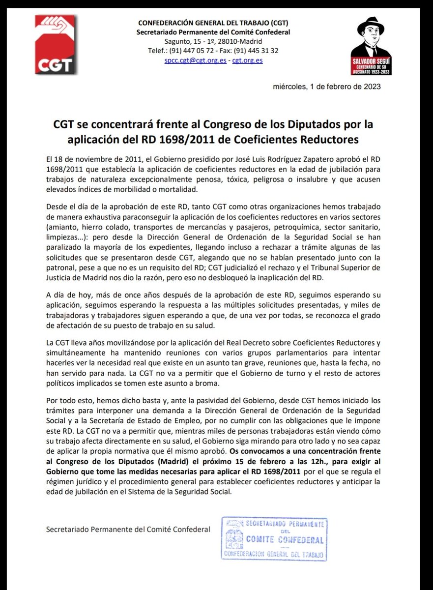 cgtanoia's tweet photo. El #PSOE presume de conquistas y derechos a favor de la #clasetrabajadora. 11 años de Parálisis Administrativa y  Hipocresia Parlamentaria al RD1698/2011 #coeficientereductor. para la jubilación anticipada en los puestos de trabajo con peligrosidad y toxicidad.#fesim https://t.co/CkxnfhTPHS