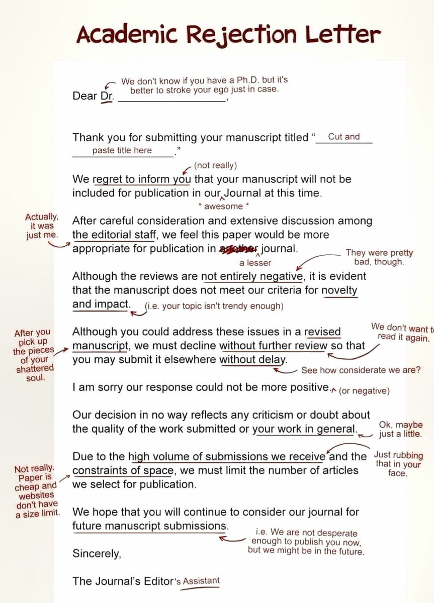 sujata18's tweet photo. Story of our lives
#journals #academia #publishing #rejection #Science #sciencepapers #manuscript #publishorperish #stem #WomenInScience https://t.co/2DrHpIS6R7