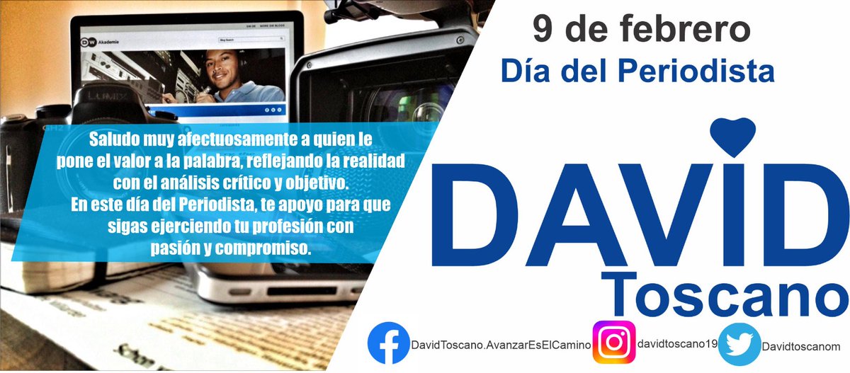 Davidtoscanom's tweet photo. Hoy, 9 de febrero es el día nacional del Periodista, día que celebro con mucho gozo porque gracias a estos incansables profesionales hemos construido un mejor presente. Mis más sinceros agradecimientos a ustedes, que Dios siempre los acompañe en su vida.
#DavidToscano https://t.co/Mw74q3pbhi