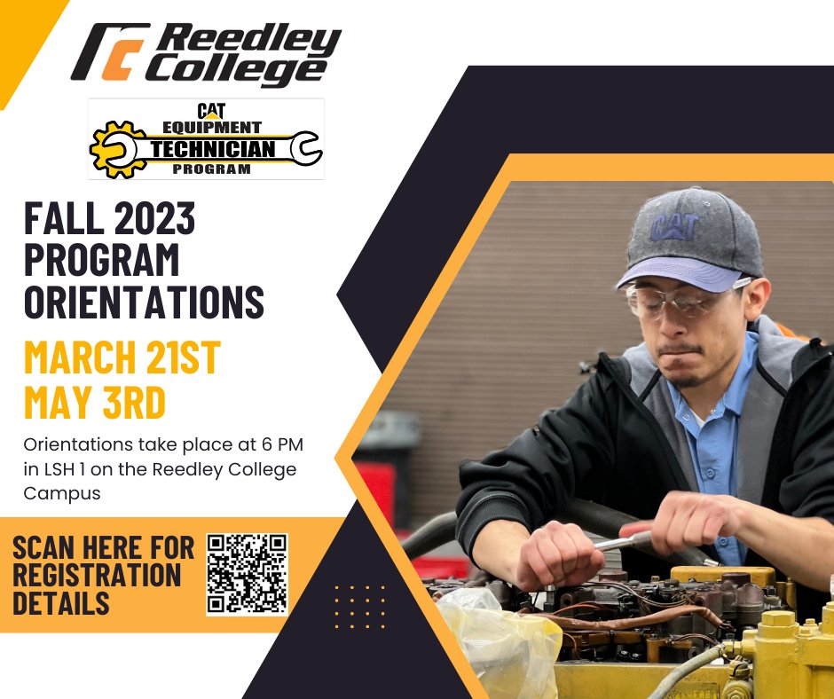 RCMechAg's tweet photo. Help us get the word out!!! 

Our CAT Equipment Technician program orientations for Fall 2023 are March 21st and May 3rd. Scan the QR code or check for a link in the comments for registration details!!!
@SCCCD @reedleycollege @Quinn_Cat @californiaffa  @Valleyrop @CaliforniaCTE https://t.co/YLKU12kHx3