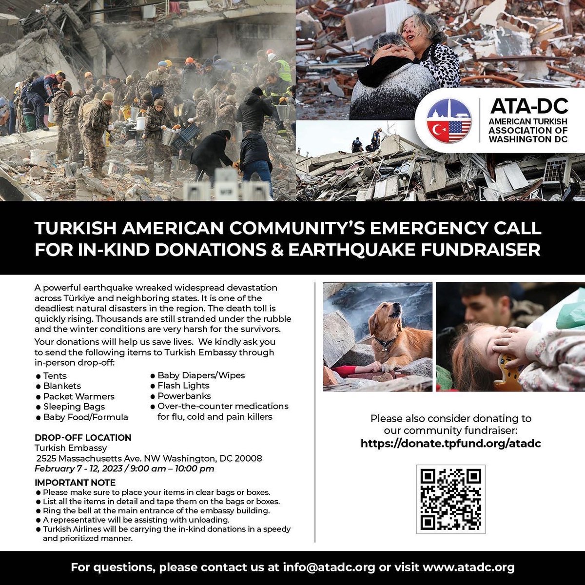Jeff McKay (@jeffreycmckay) on Twitter photo While our Fairfax County <a href="/VATF1/">VA-TF1 / USA-1 - Urban Search and Rescue</a> continues their efforts in #Türkiye, you may be wondering if there are ways we can help out. The Turkish Embassy is collecting donations now through Sunday! Check out the flyer below for more information! While our Fairfax County <a href="/VATF1/">VA-TF1 / USA-1 - Urban Search and Rescue</a> continues their efforts in #Türkiye, you may be wondering if there are ways we can help out. The Turkish Embassy is collecting donations now through Sunday! Check out the flyer below for more information!