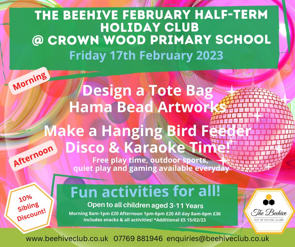 It's our last day of Half-Term Holiday Clubs tomorrow and that means it's party day! 🪩 🥳
All 3-11 year olds welcome to join in the fun! For more info, to register and book, please visit: beehiveclub.co.uk/holidayclubs

#halfterm #halftermclubs #kidsclubs #halftermclubs