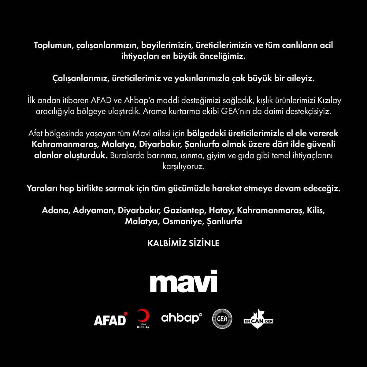 mavi's tweet photo. Kalbimiz Seninle Türkiye

Toplumun, çalışanlarımızın, bayilerimizin, üreticilerimizin ve tüm canlıların acil ihtiyaçları en büyük önceliğimiz. https://t.co/mpMHggR6ti