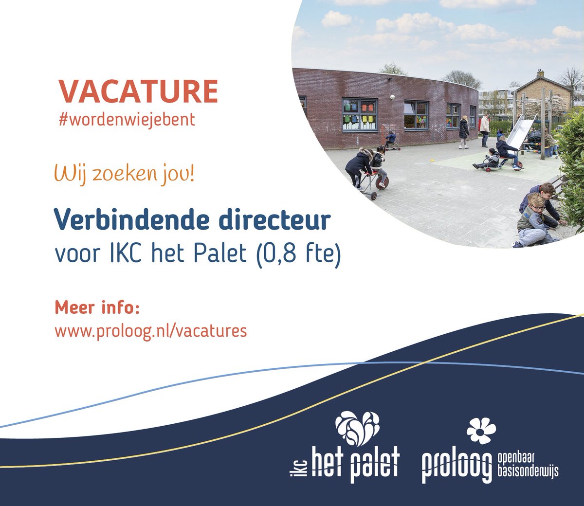 Voor IKC het Palet in Leeuwarden zijn wij op zoek naar een verbindende directeur. Ben jij die stevige bruggenbouwer die medewerkers in hun kracht zet, durf je kritische feedback te geven én kun je zaken met humor bekijken? Dan zoeken we jou! Meer info👉🏻 proloog.nl/Werken-bij/Vac…