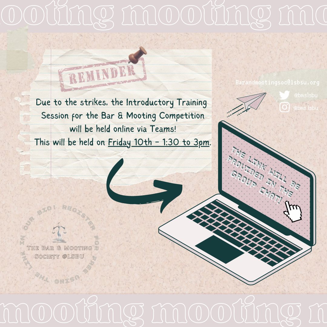 BMSLSBU's tweet photo. Hey everyone! 🥳
Please don't forget to attend tomorrow's introductory training session for the Bar &amp; Mooting Competition 2023 - further details will be provided in the group chat. https://t.co/Th9V9K3zSC