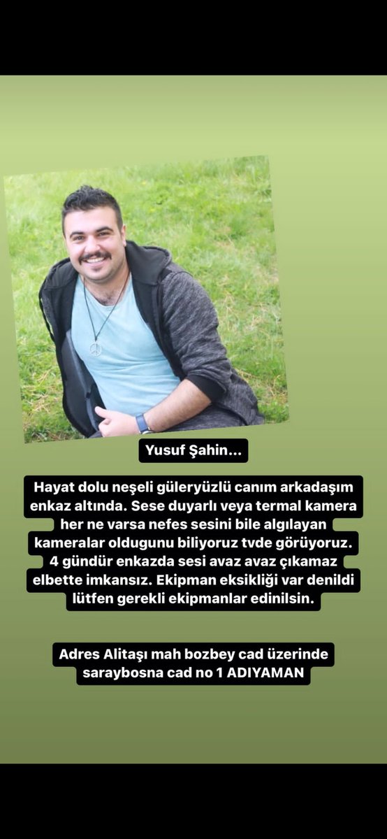 busranursyy's tweet photo. Arkadaşım Yusuf Şahin'e lütfen yardım edin 
Alitaşı mahallesi bozbey caddesi üzerinde Saraybosna caddesi no:1 Adıyaman
@AdiyamanBelTR @adiyamangovtr @AFADAdiyaman @AFADBaskanlik @DepremDairesi #depremsondakika #deprem #AdiyamanYardimBekliyor #ADIYAMANAFAD #earthquake #adiyaman https://t.co/XnGS5hfznY