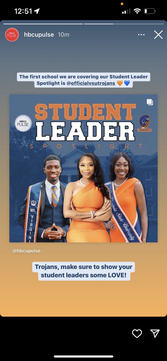 HBCU PULSE, selected Virginia State University Student Leadership as the first HBCU to Spotlight! Congrats to our SGA President and Mr and Miss VSU.
Continue to make greatness👍🏽🧡💙