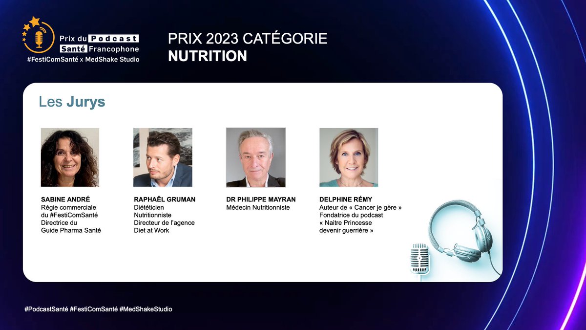 🎙️🏆 Prix #PodcastSanté Francophone #FestiComSanté X @medshakestudio 🍊 Catégorie Nutrition 🍊 Les jurys : . SABINE ANDRÉ @Guide_Pharma . RAPHAËL GRUMAN agence Diet at Work . DR PHILIPPE MAYRAN . @delphineremy #hcsmeufr #comsanté #nutrition #nutritionsanté #podcast