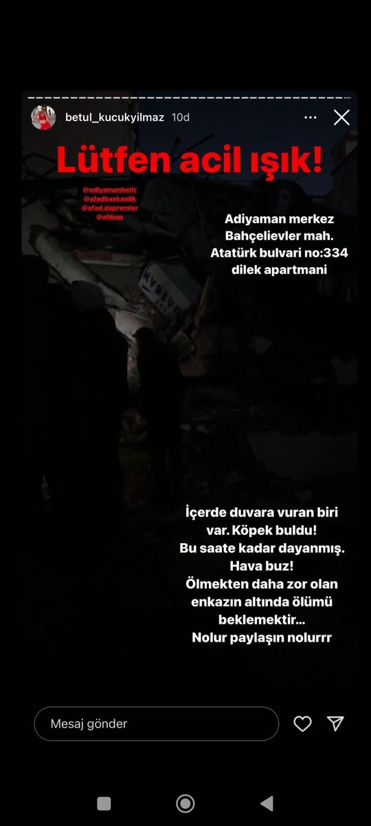 #deprem #ADIYAMAN <a href="/ahbap/">Ahbap</a> <a href="/ProfDemirtas/">Özgür Demirtaş</a> <a href="/OguzhanUgur/">Oğuzhan Uğur</a> <a href="/haluklevent/">Haluk Levent ( Ahbap Ekibi )</a> <a href="/AFADBaskanlik/">AFAD</a> 

Bir umut lütfen bir umut...