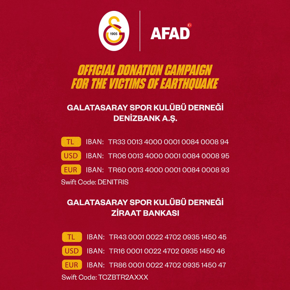 📌 OFFICIAL DONATION CAMPAIGN FOR THE VICTIMS OF EARTHQUAKE Follow the link below for details: 🔗 galatasaray.org/en/haber/club-… #WeAreUnited