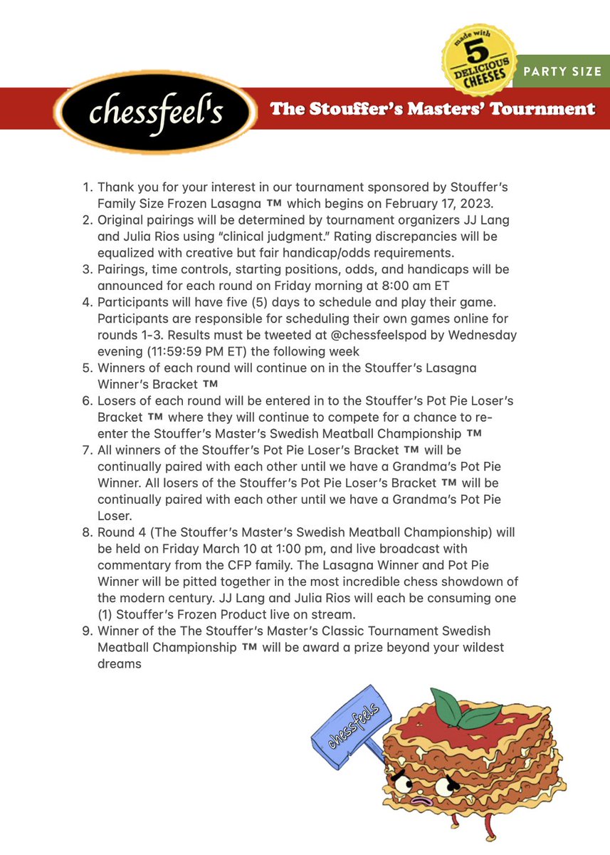 Hello everyone and welcome to the Stouffer's Masters' Classic Chess Tournament. 

You (yes YOU!) are invited to apply: docs.google.com/forms/d/e/1FAI…

Like and RT this post to increase your chances of registration. 

Many will enter. Few will win. 🍝  WHO'S HUNGRY? ™️