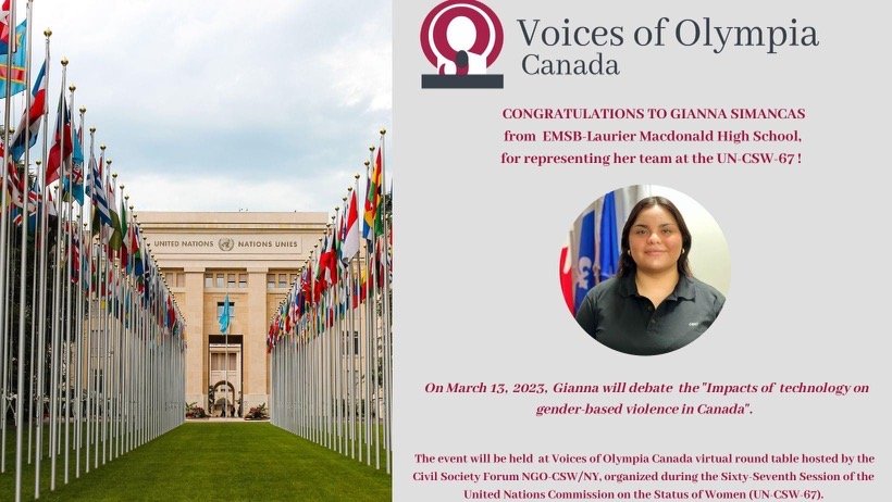 LMAC is proud of our team led by Gianna Simancas that will be presenting at the UN for 67th session on the Status of Women!! Go team LMAC! 😀👍
#voiceofolympia #lmac #eastendschool  #IBMYP #EMSB #caring @voices_of_olympia  <a href="/EnglishMTL/">English Montreal School Board</a>