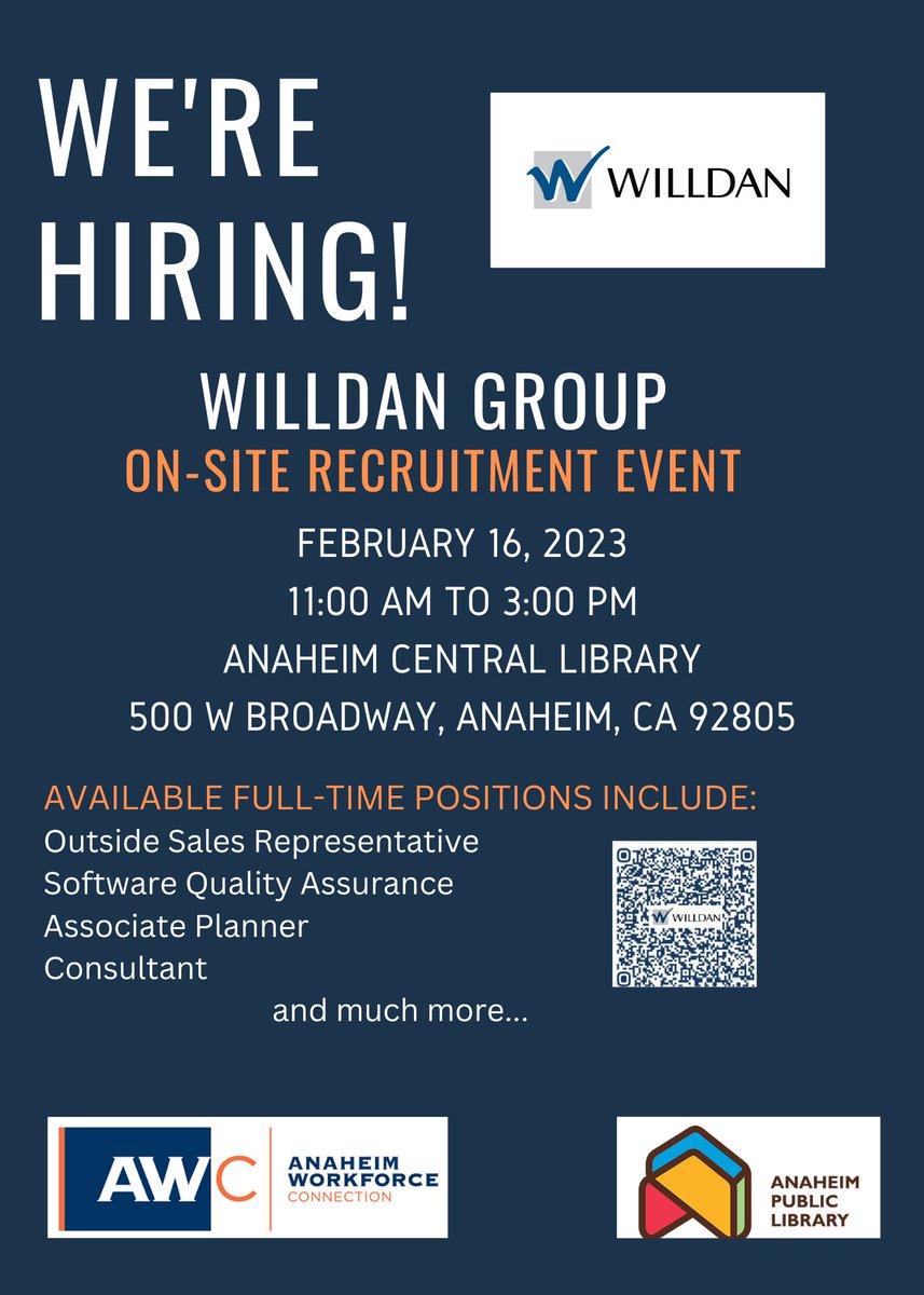 AWConnection's tweet image. Seeking a Career Opportunity? WILLDAN is Hiring! Recruitment Event on 2/16/23. Lots of Opportunities (Scan QR Code)!
#awconnection #willdan #anaheimcentrallibrary #careers #opportunites