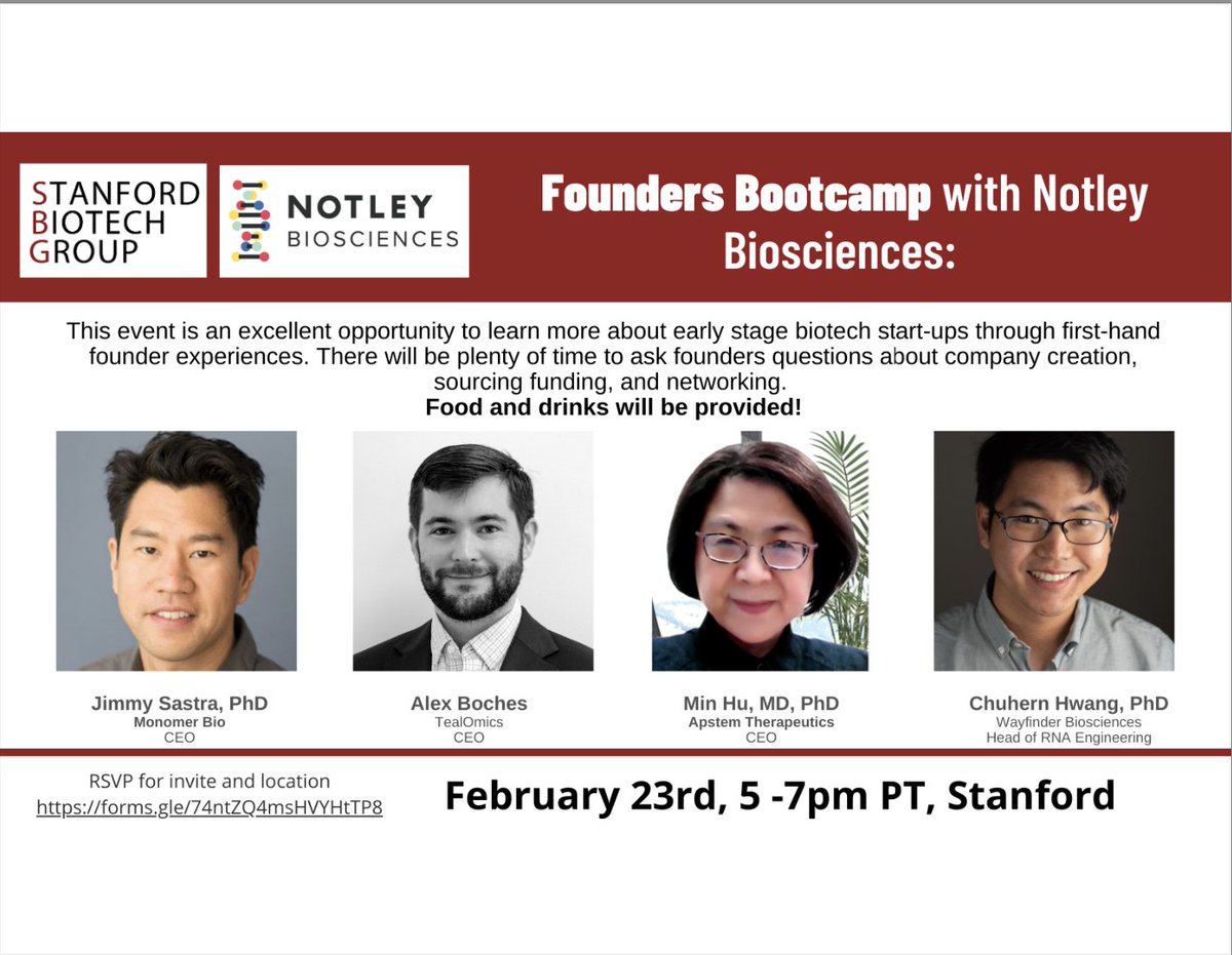 Join us for a Founders Bootcamp hosted with @NotleyVentures to hear directly from founders about early stage biotech start-ups! RSVP for more details: forms.gle/74ntZQ4msHVYHt… Food and drinks provided!