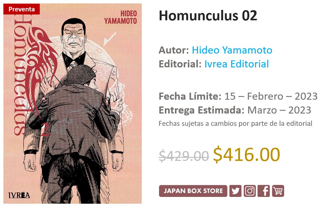 JapanBoxStore's tweet photo. [ Preventa ] #Manga "Homunculus 02" ✨
#HideoYamamoto / #IvreaEditorial

🛒 Tienda en Línea: https://t.co/4YLNVFc2dl
📅 Fecha Límite: 15 - Febrero - 2023
📦 Envíos a toda la República Mexicana

#Seinen #MangaLove #MangaAdict #MangaReader #MangaCollection #MangaMéxico https://t.co/dcrom4ev5o