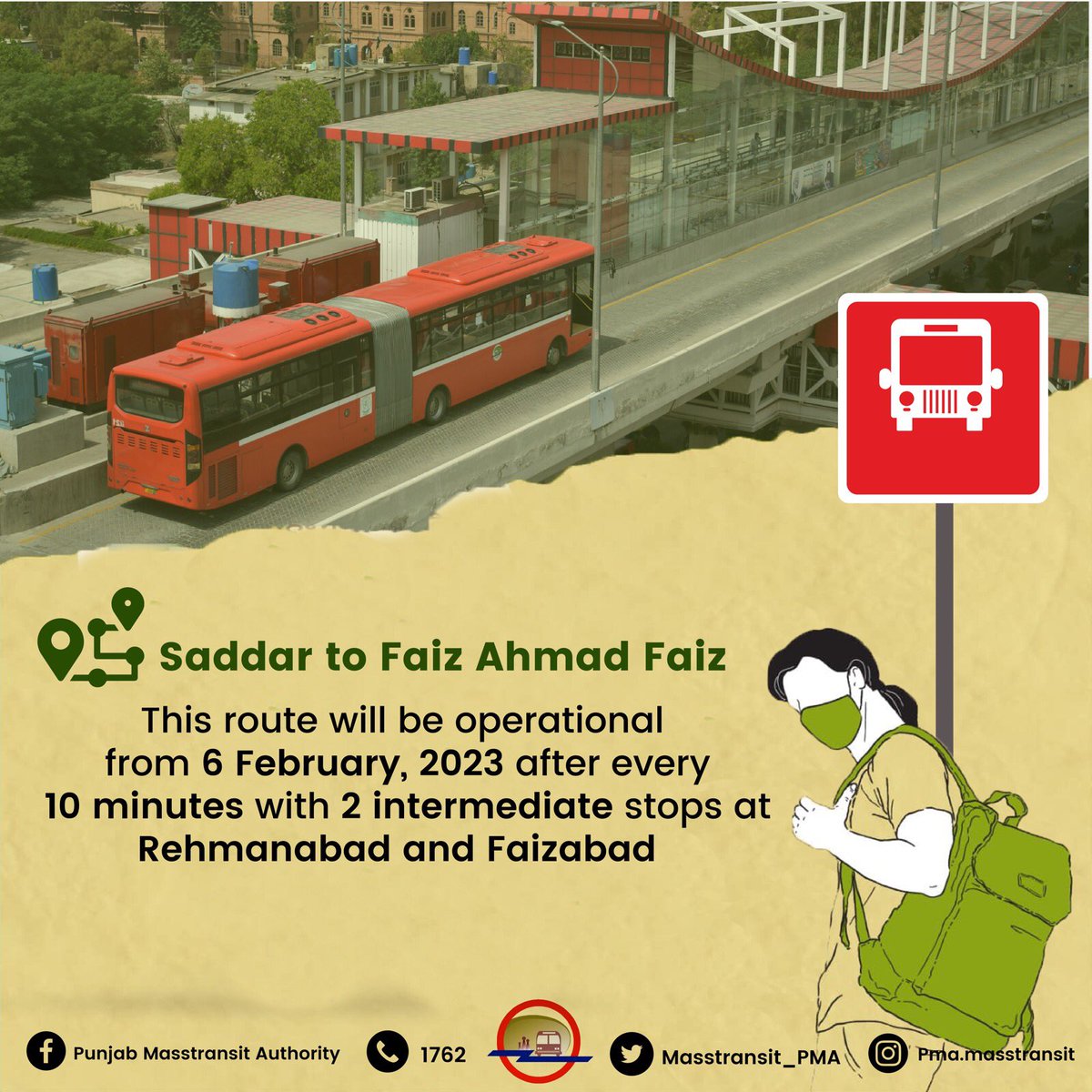 Masstransit_PMA's tweet photo. This route is operational from 6 February,2023 after every 10 minutes with 2 intermediate stops at Rehmanabad and Faizabad. #pma #PMBS https://t.co/ovegIVOmjx