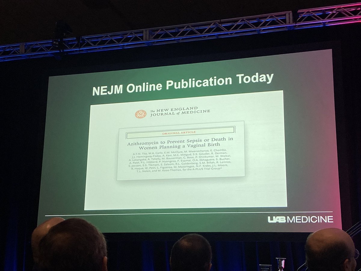 annehmardy's tweet photo. International RCT: azithro in labor (14,590) vs placebo (14,688). Decreased maternal sepsis/death. NNT 125. Stopped early for maternal benefit. No difference in neonatal outcomes. @atitapatterns @MySMFM #smfm23 https://t.co/Y92vV9tP9f