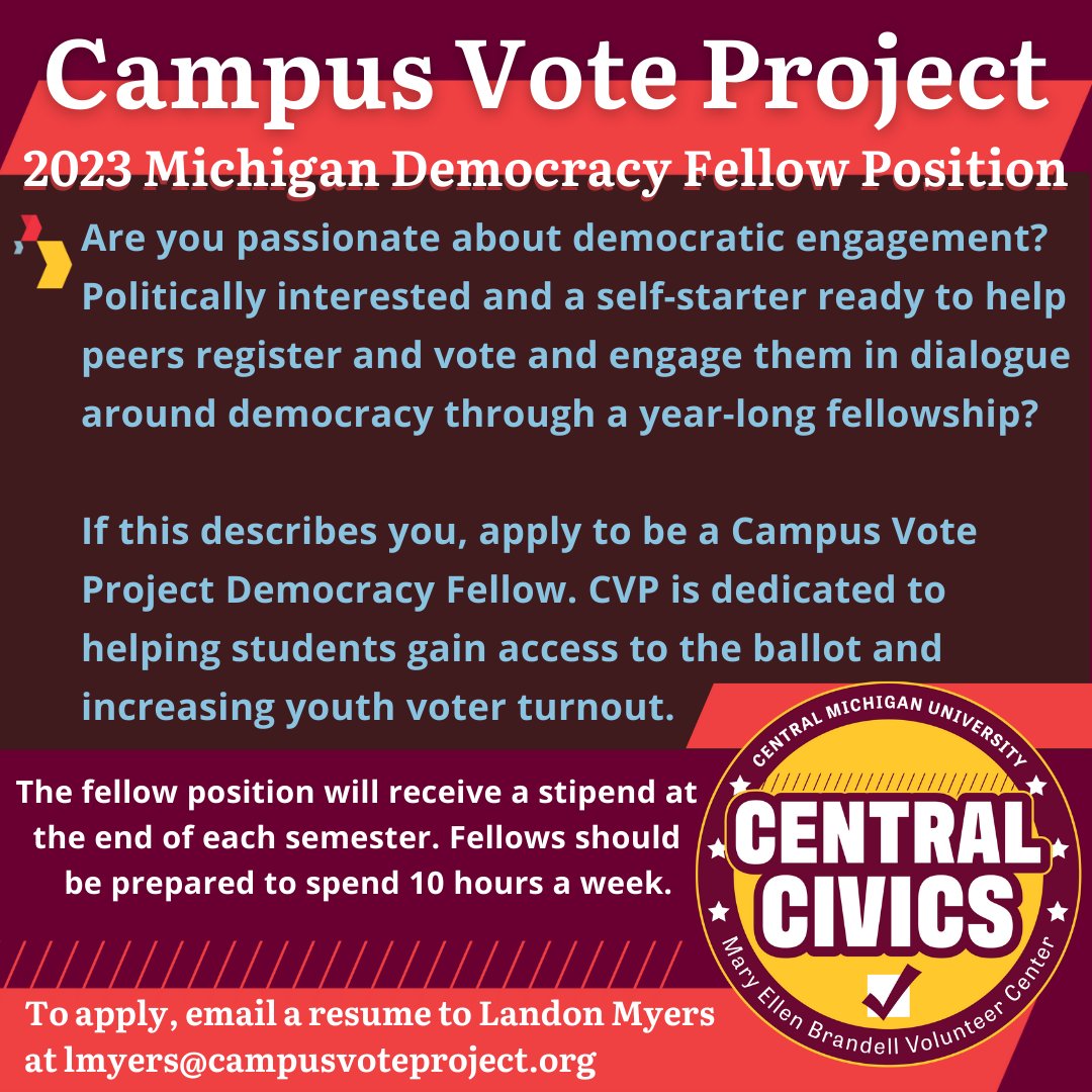 CMU Volunteer Center (@cmuvolunteers) on Twitter photo Are you passionate about college student civic engagement and the democratic process?
Become a democracy fellow by sending your resume to Landon from Campus Vote Project by emailing lmyers@campusvoteproject.org
Fellows work with the CMU Voter Coalition and report to the VC. Are you passionate about college student civic engagement and the democratic process?
Become a democracy fellow by sending your resume to Landon from Campus Vote Project by emailing lmyers@campusvoteproject.org
Fellows work with the CMU Voter Coalition and report to the VC.