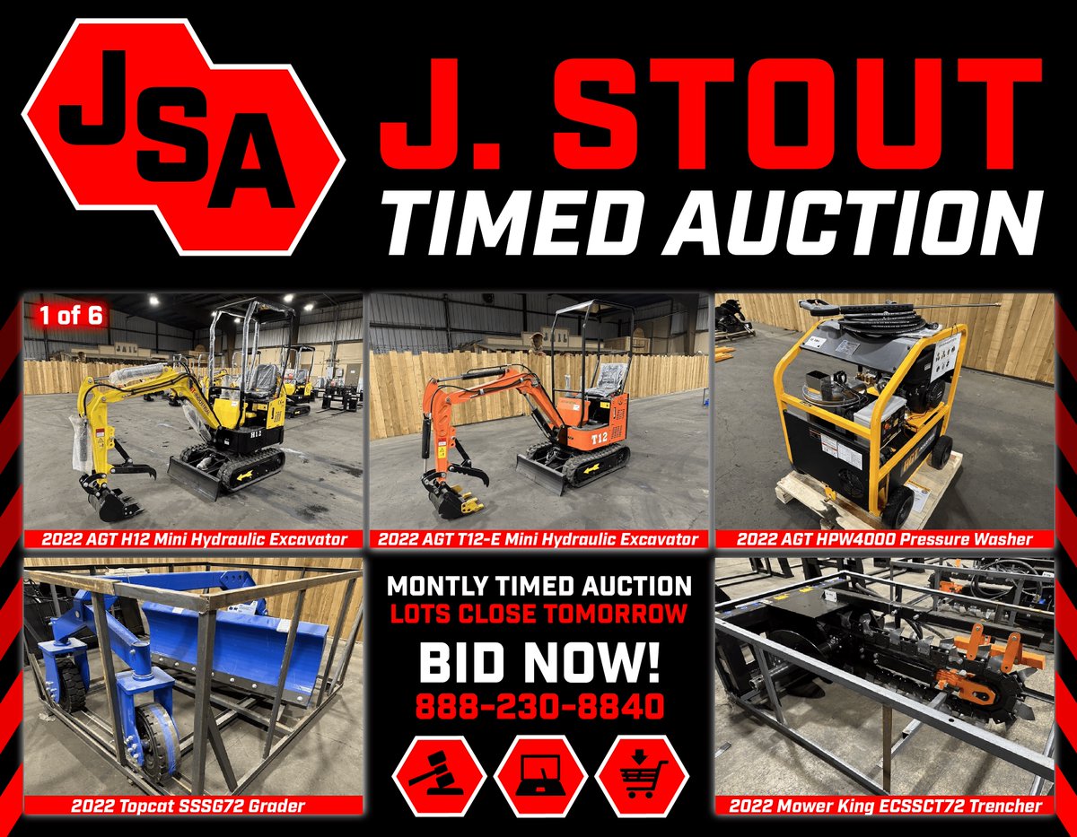 JStoutAuction's tweet photo. Our Monthly TIMED AUCTION Closes Tomorrow, FEBRUARY 10th!
https://t.co/bMXIO4MtHU

This Is A Fun, Stress-Free, Online Auction. Don't Miss Your Chance To Bid &amp; Win Some Equipment You Can't Live Without! 

#timedauction #excavator #mower #grader #pressurewasher #topcat https://t.co/ILnpzTSmx5